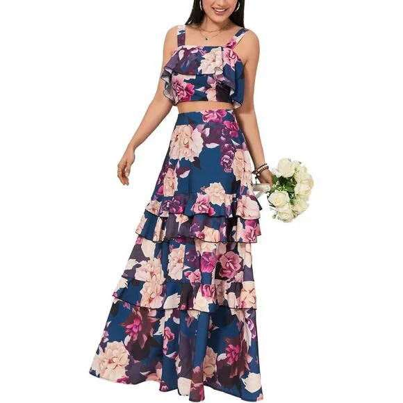 Women's Floral 2 Piece Outfit Crop Top & Maxi Skirt Summer Beach Vacation